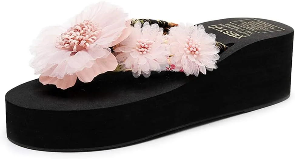 VOKLIN Women's Bohemian Flowers Wedge Flipflop Sandals Summer Nonslip Platform High Heel Beach Thong Sandal
