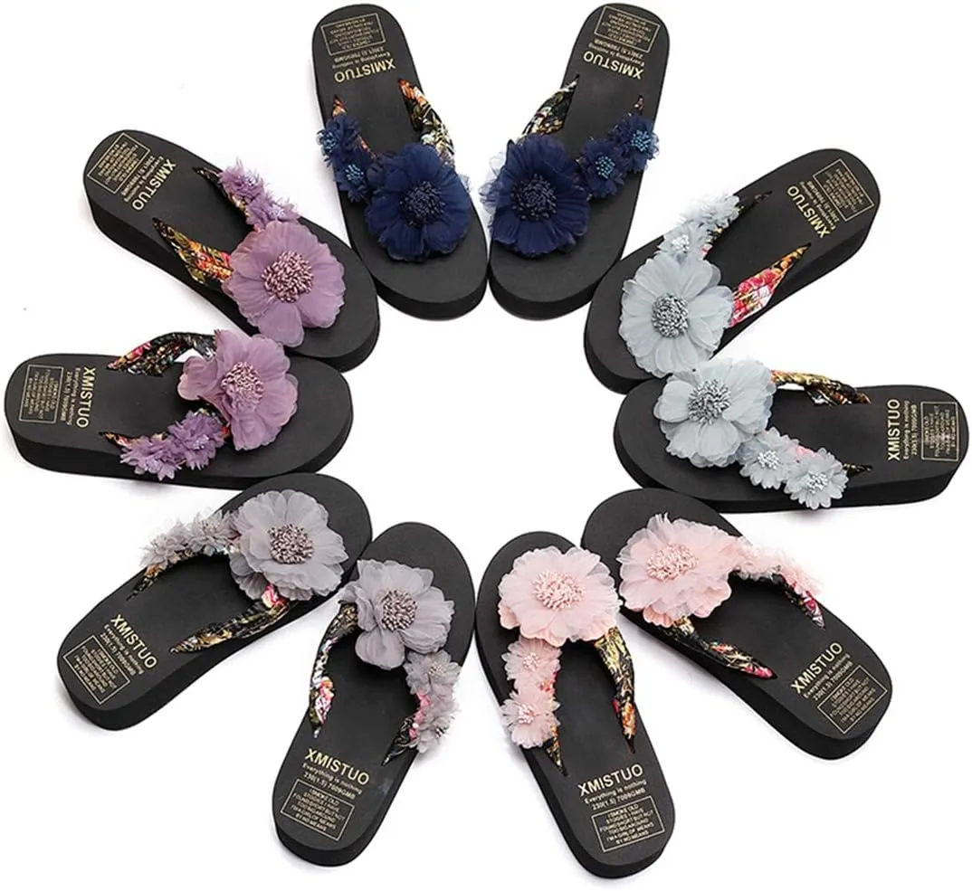 VOKLIN Women's Bohemian Flowers Wedge Flipflop Sandals Summer Nonslip Platform High Heel Beach Thong Sandal