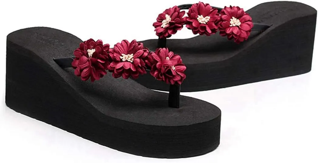 VOKLIN Women's Wedge High Heel Bohemian Flower Flipflops Fashion Summer Platform Nonslip Beach Thong Sandals
