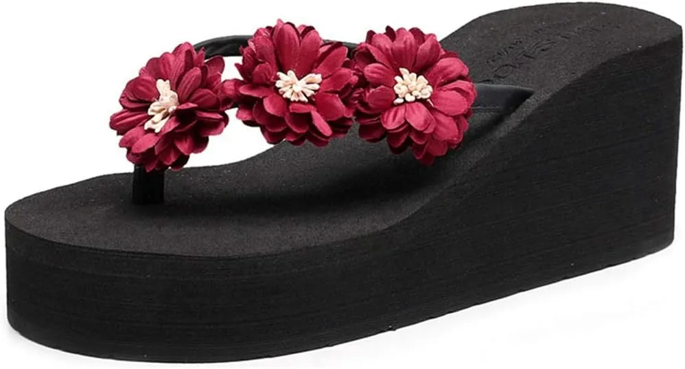 VOKLIN Women's Wedge High Heel Bohemian Flower Flipflops Fashion Summer Platform Nonslip Beach Thong Sandals