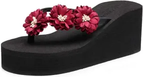 VOKLIN Women's Wedge High Heel Bohemian Flower Flipflops Fashion Summer Platform Nonslip Beach Thong Sandals