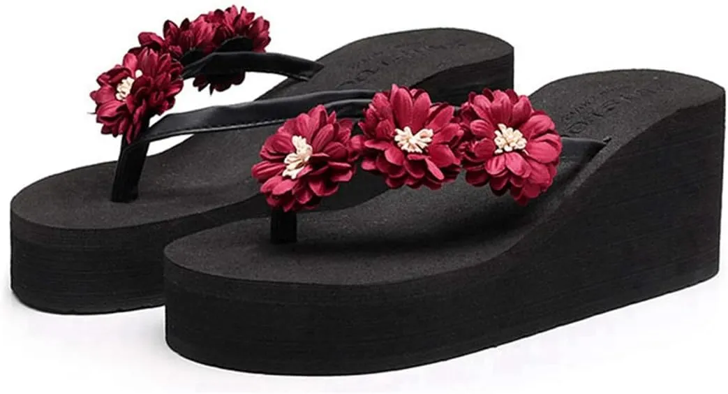 VOKLIN Women's Wedge High Heel Bohemian Flower Flipflops Fashion Summer Platform Nonslip Beach Thong Sandals