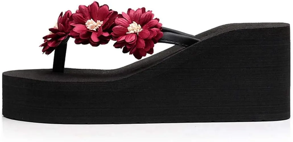 VOKLIN Women's Wedge High Heel Bohemian Flower Flipflops Fashion Summer Platform Nonslip Beach Thong Sandals