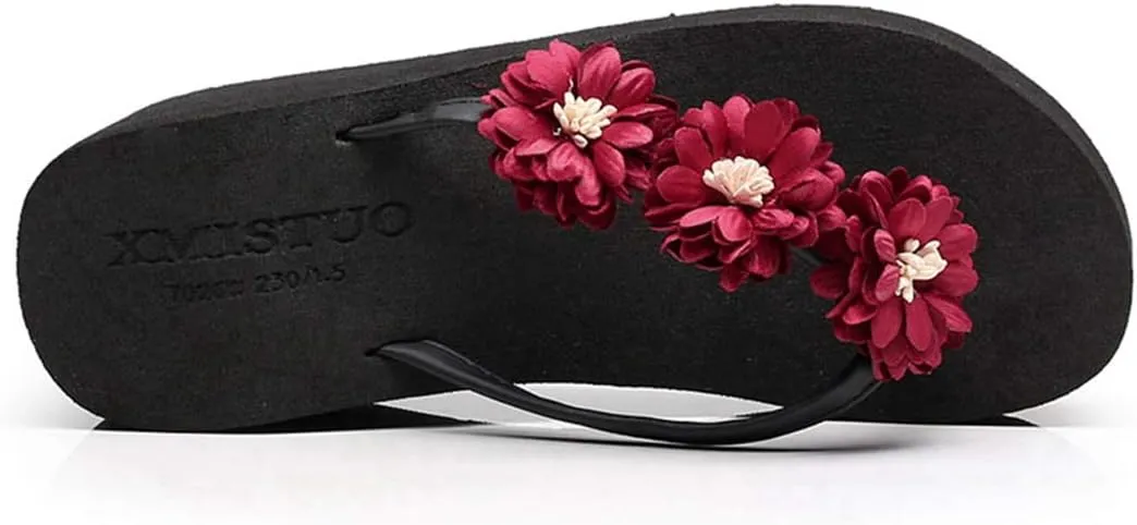 VOKLIN Women's Wedge High Heel Bohemian Flower Flipflops Fashion Summer Platform Nonslip Beach Thong Sandals