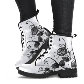 White Combat Boots - Gray Roses | Boho Shoes, Handmade Lace Up Boots, Vegan Leather Lace Up Boots Women, White Boots Women