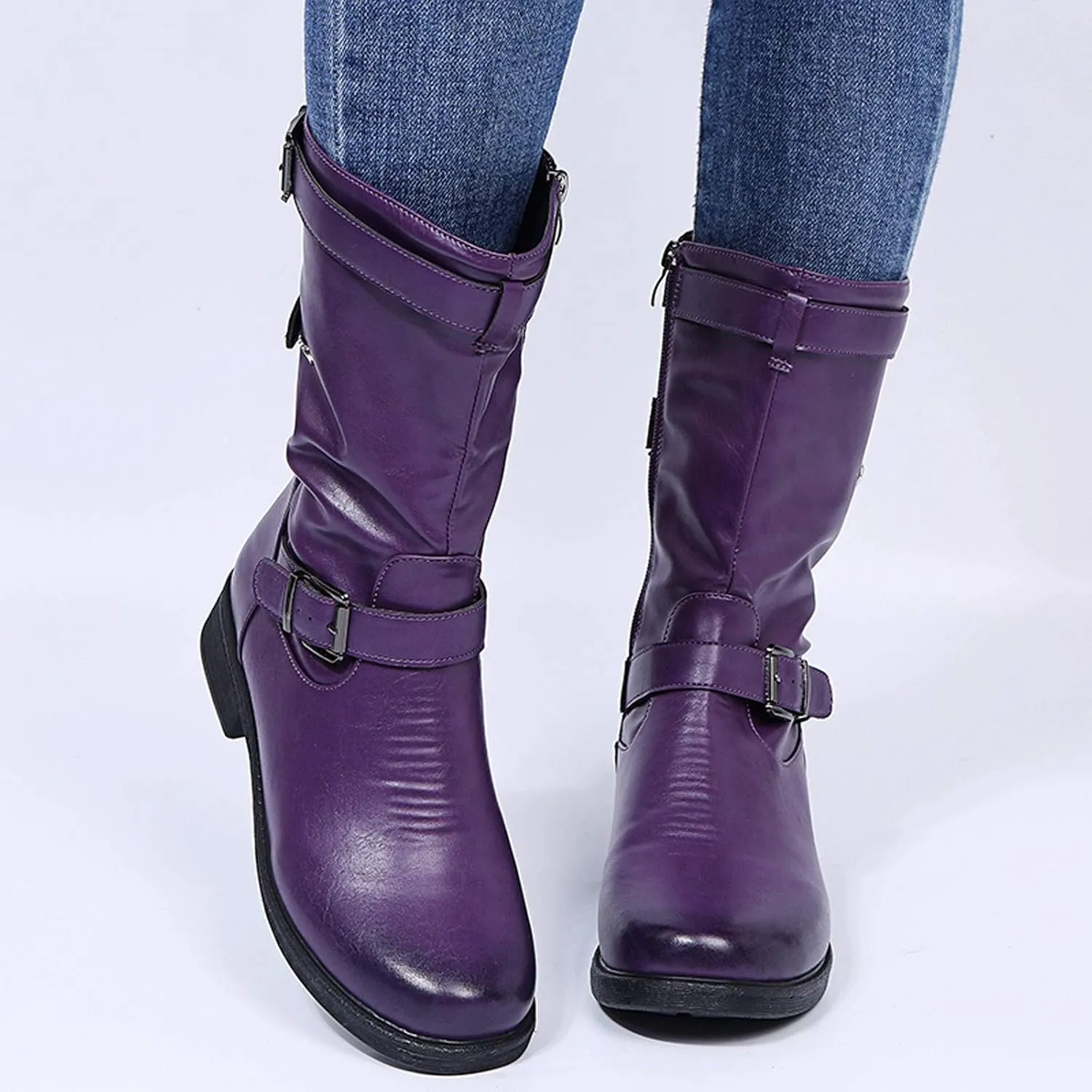 Womens Boots Fashion Belt Side Zipper Square Heel Boots for Women Round Toe Durable PU Leather Mid-Calf Boots