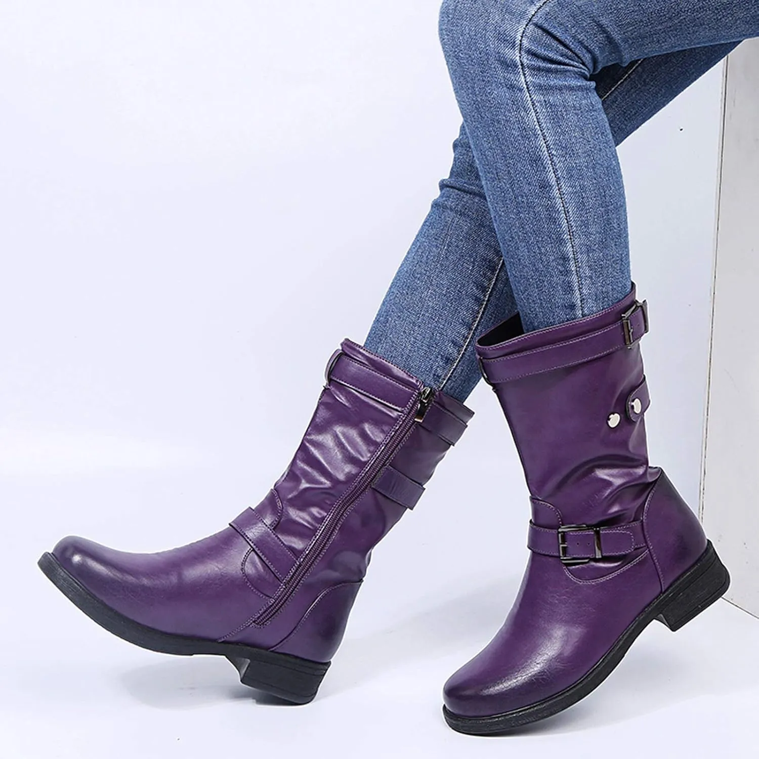 Womens Boots Fashion Belt Side Zipper Square Heel Boots for Women Round Toe Durable PU Leather Mid-Calf Boots