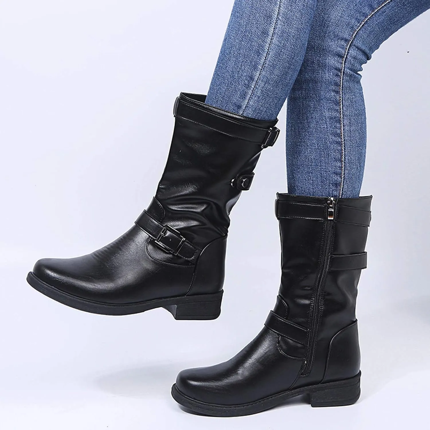 Womens Boots Fashion Belt Side Zipper Square Heel Boots for Women Round Toe Durable PU Leather Mid-Calf Boots