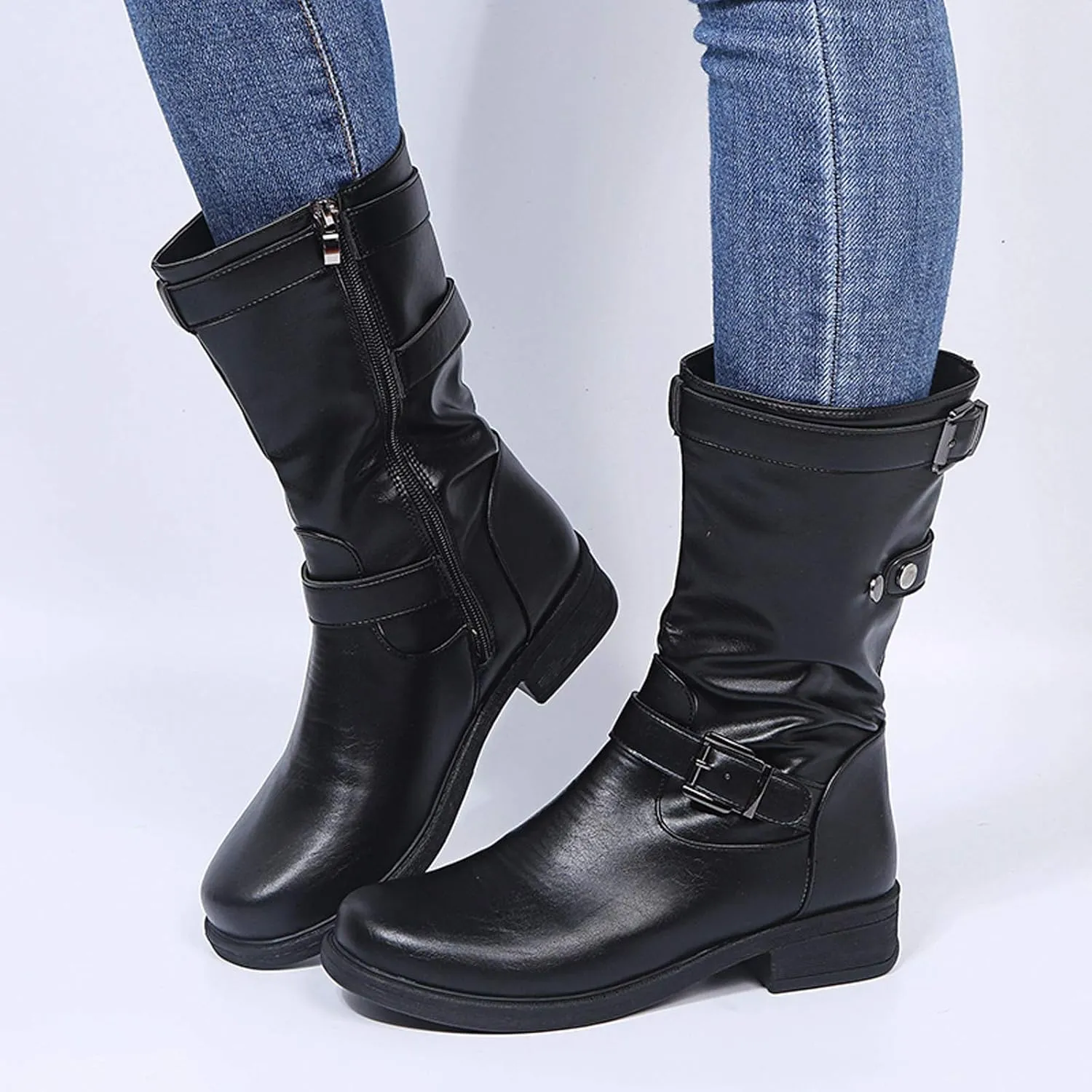 Womens Boots Fashion Belt Side Zipper Square Heel Boots for Women Round Toe Durable PU Leather Mid-Calf Boots