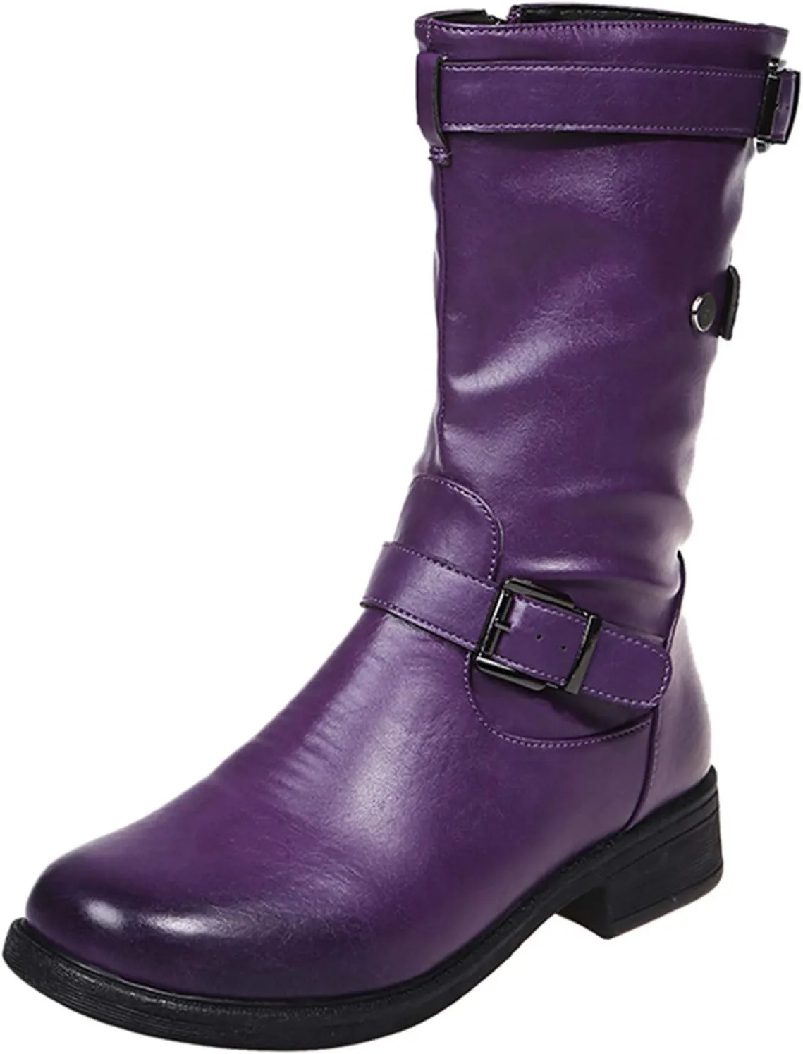 Womens Boots Fashion Belt Side Zipper Square Heel Boots for Women Round Toe Durable PU Leather Mid-Calf Boots