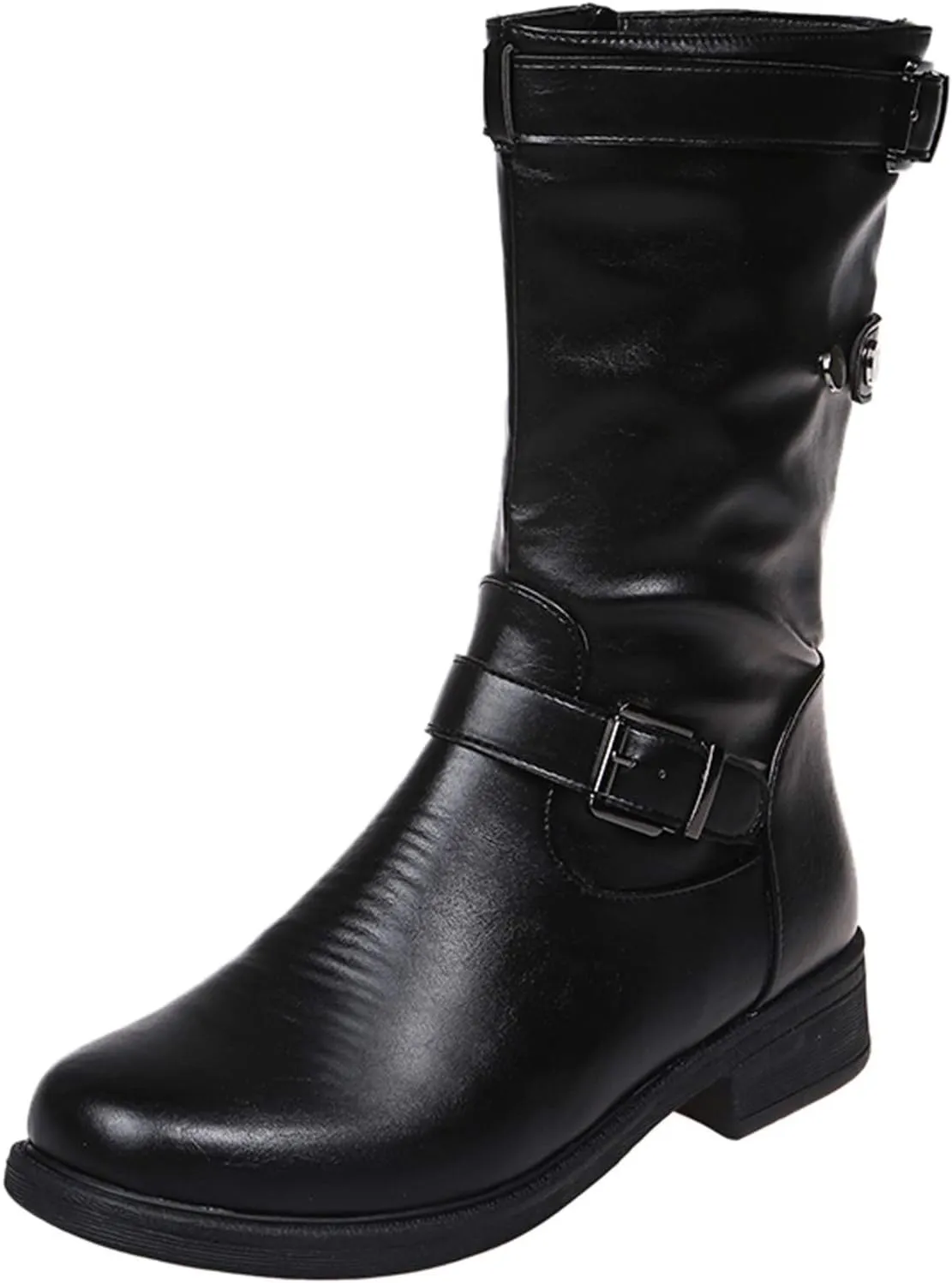 Womens Boots Fashion Belt Side Zipper Square Heel Boots for Women Round Toe Durable PU Leather Mid-Calf Boots
