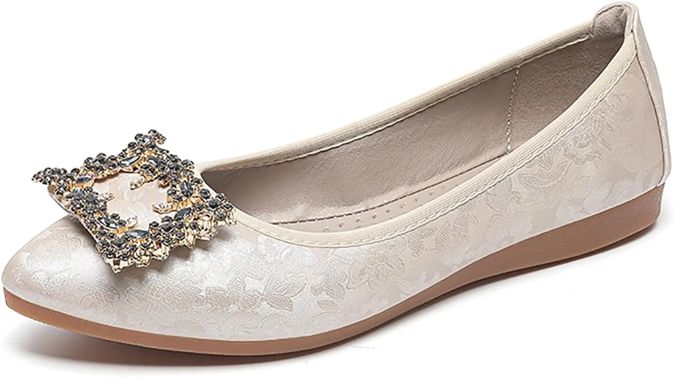 Women's Flats, Foldable Ballet Flats for Women, Sparkly Rhinestone Buckle Pointed Toe Comfort Light Weight Slip-On Dress Shoes