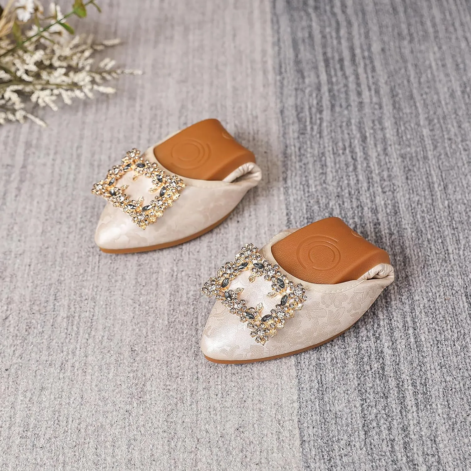 Women's Flats, Foldable Ballet Flats for Women, Sparkly Rhinestone Buckle Pointed Toe Comfort Light Weight Slip-On Dress Shoes