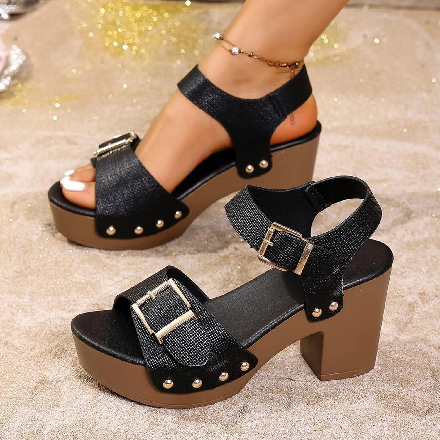 Women's High Heel Sandals with Adjustable Buckle Strap Stylish Roman Block Heel Comfortable Open Toe Summer