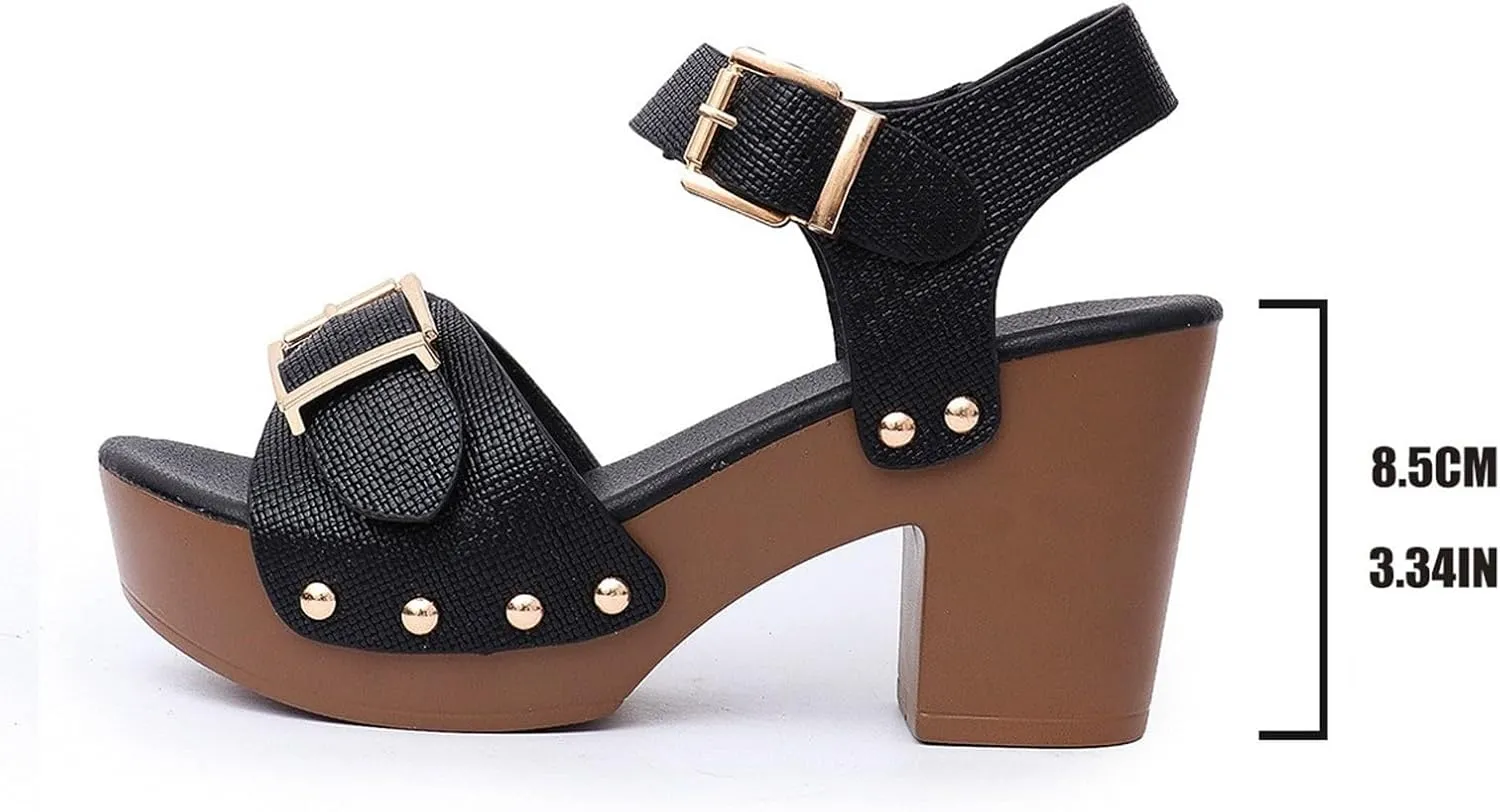Women's High Heel Sandals with Adjustable Buckle Strap Stylish Roman Block Heel Comfortable Open Toe Summer