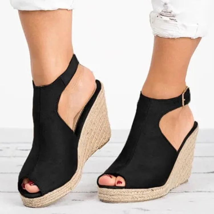 Women's peep toe espadrille platform wedge sandals with buckle strap