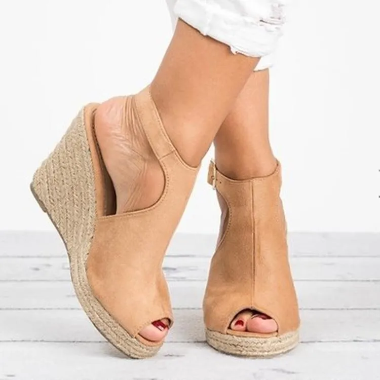 Women's peep toe espadrille platform wedge sandals with buckle strap