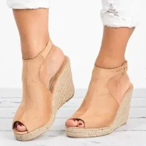 Women's peep toe espadrille platform wedge sandals with buckle strap