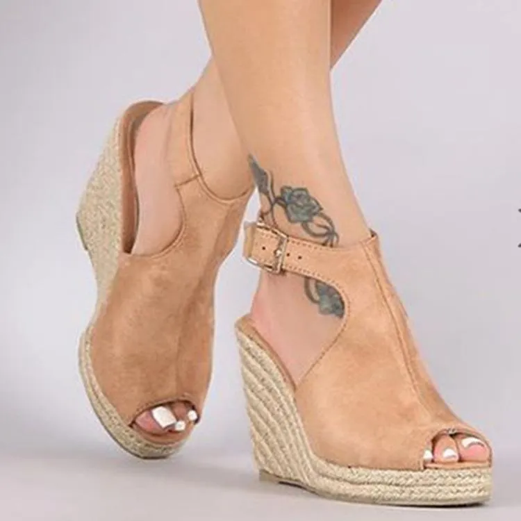 Women's peep toe espadrille platform wedge sandals with buckle strap