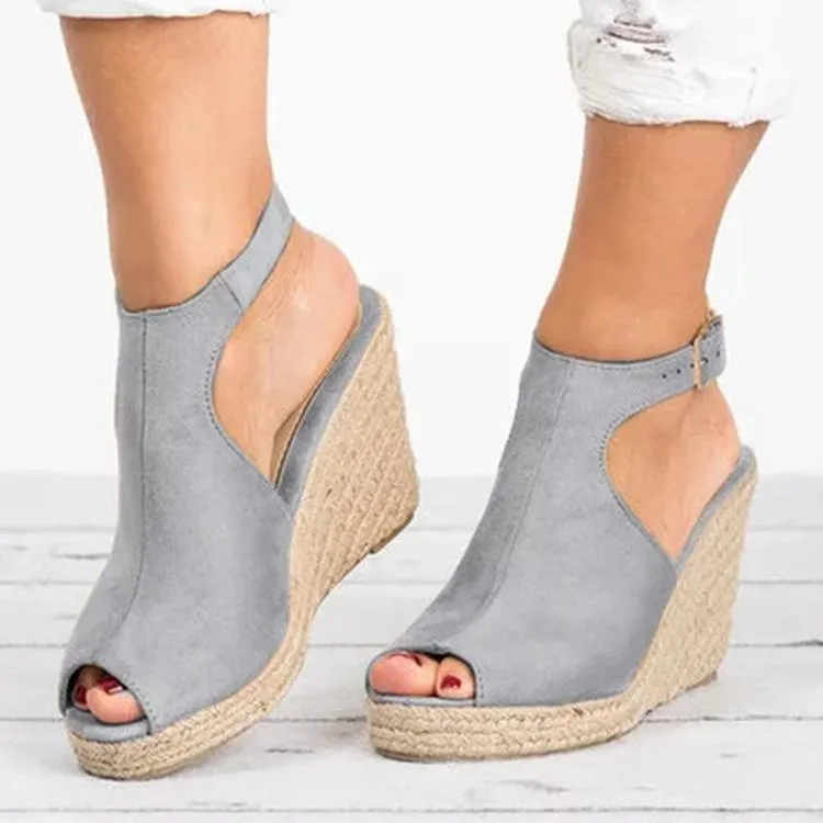 Women's peep toe espadrille platform wedge sandals with buckle strap