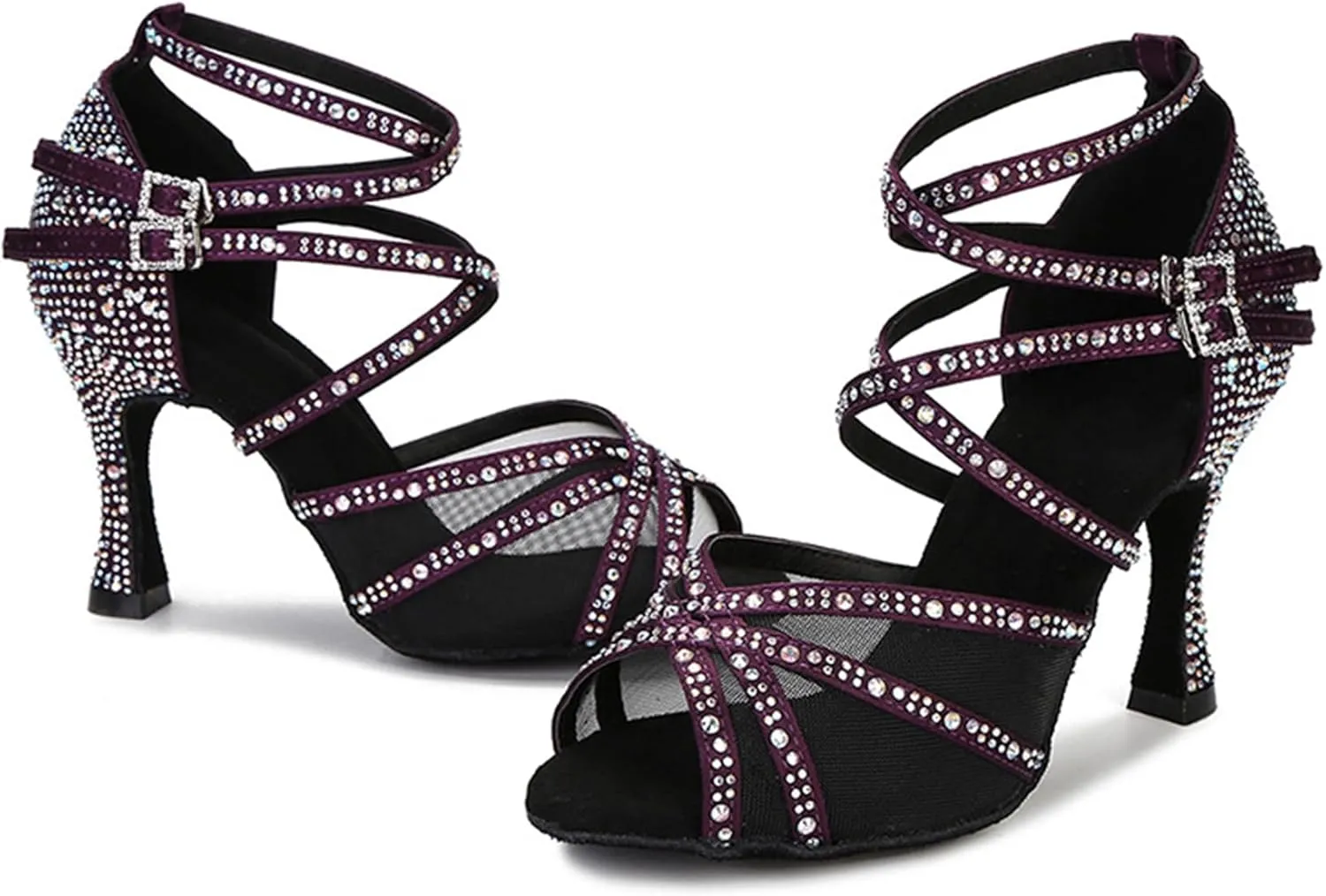Womens Professional Dancing Shoes with Rhinestones Mesh Elegant Wedding Formal Sandals