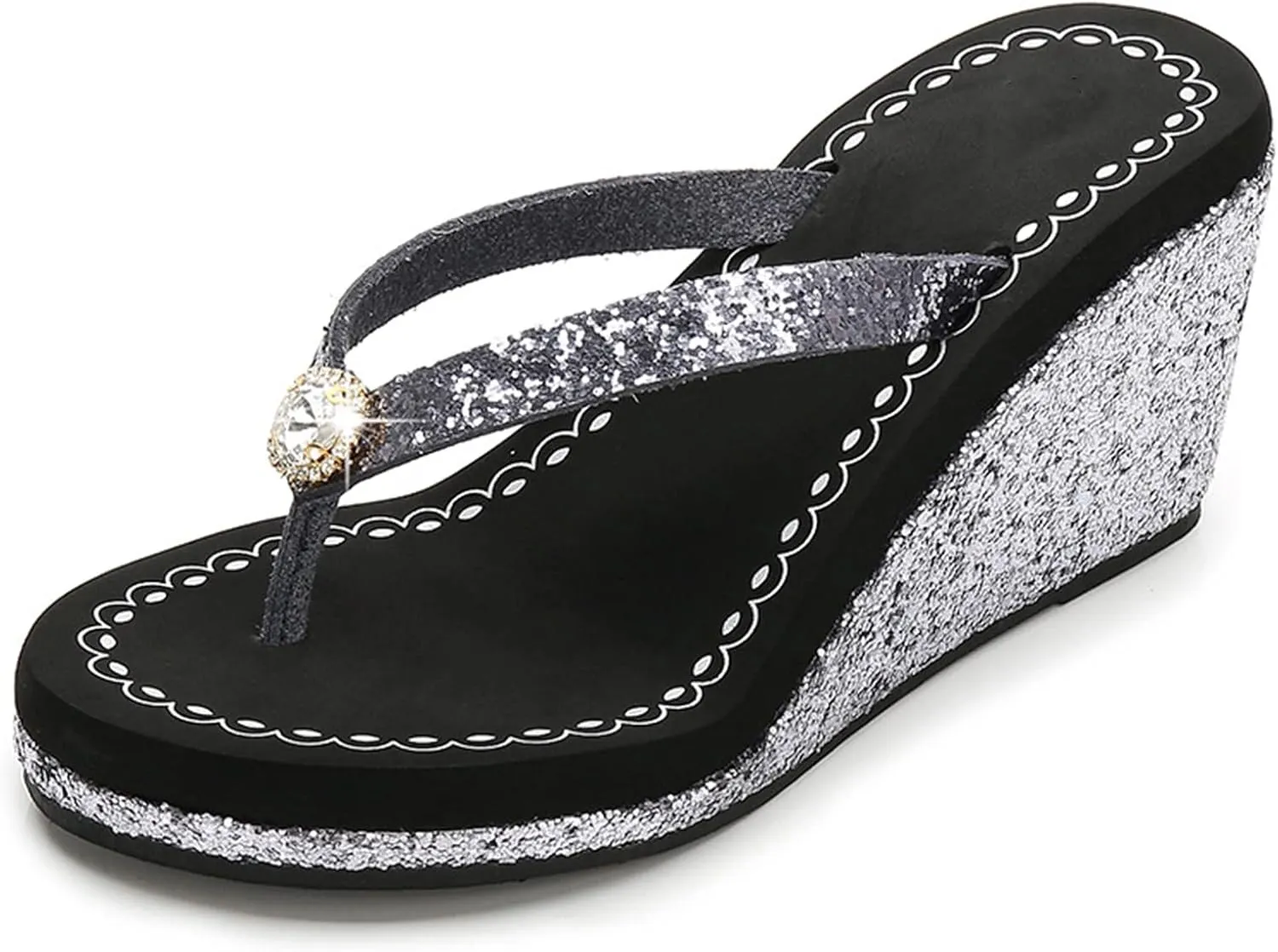 Womens Summer Wedge Platform Flip Flop Open Toe High Heel Flipflops Non-Slip Rhinestones Glitter Gem Sparkling Beach Sandals (Black B,8.5)