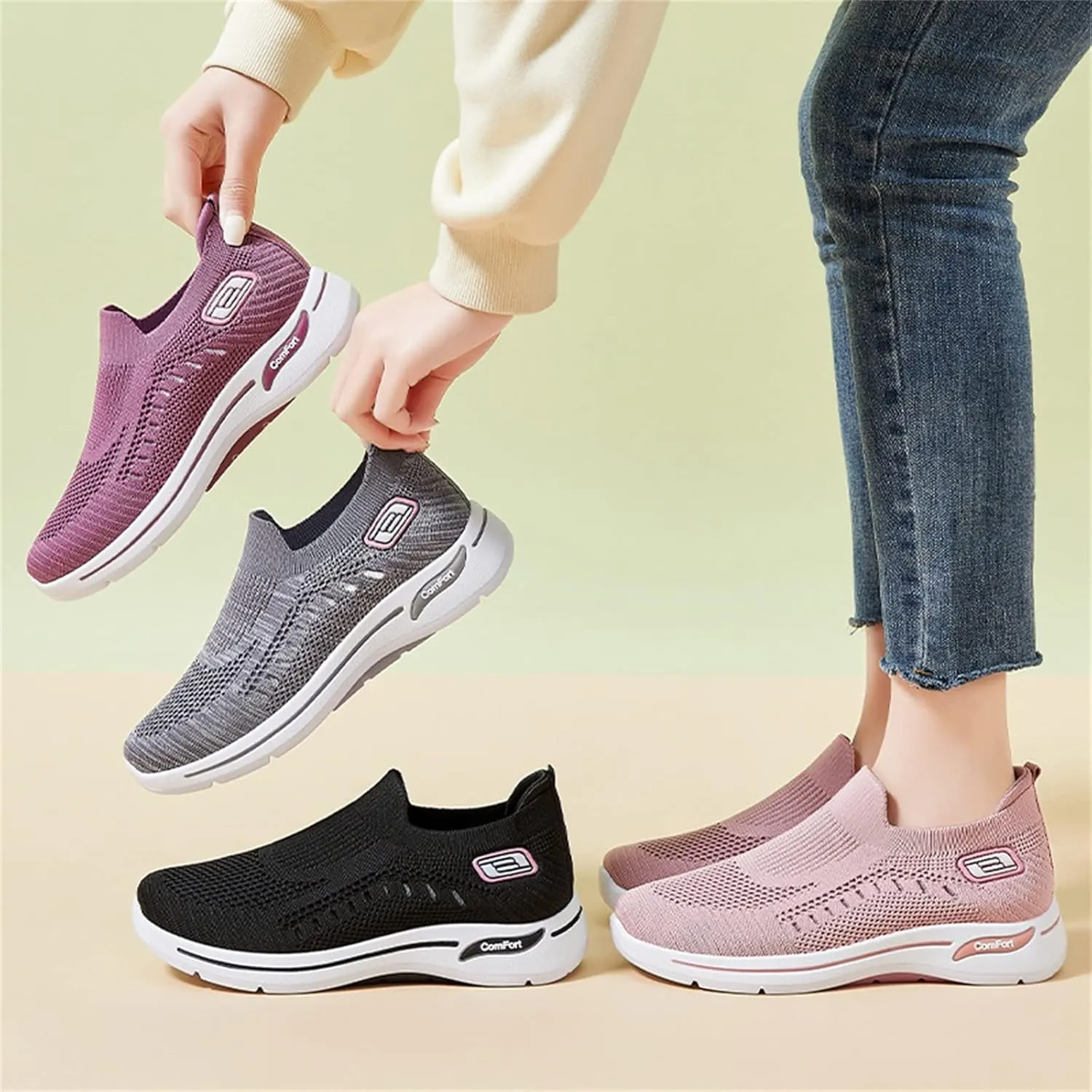 Women's Woven Orthopedic Soft Breathable Shoes Outdoor Comfort Fashion Casual Sneakers Wide Slip-on Tennis Shoes Arch Support Foam Shoes
